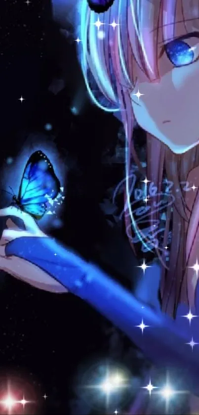 Anime girl with blue butterfly in starry night.