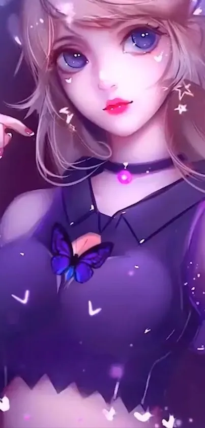 Anime girl with purple attire and butterfly in whimsical art style.