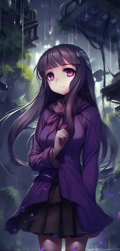 Anime girl in a mystical forest setting with purple tones.