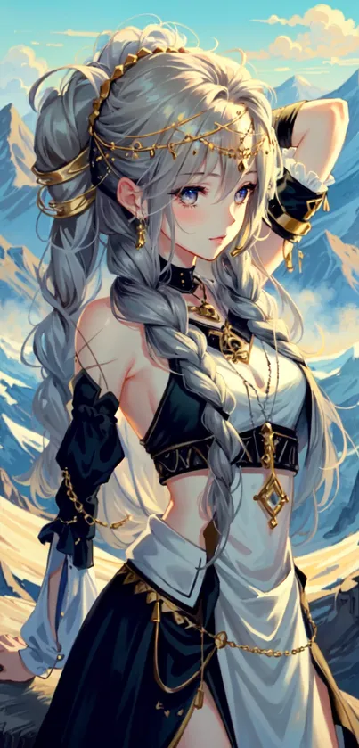 Anime girl overlooking majestic mountains with intricate jewelry and braids.