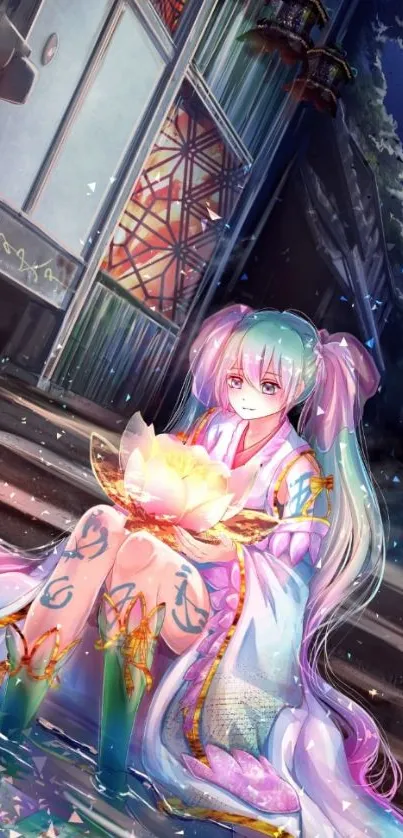 Anime girl holding glowing lotus in night scene wallpaper.