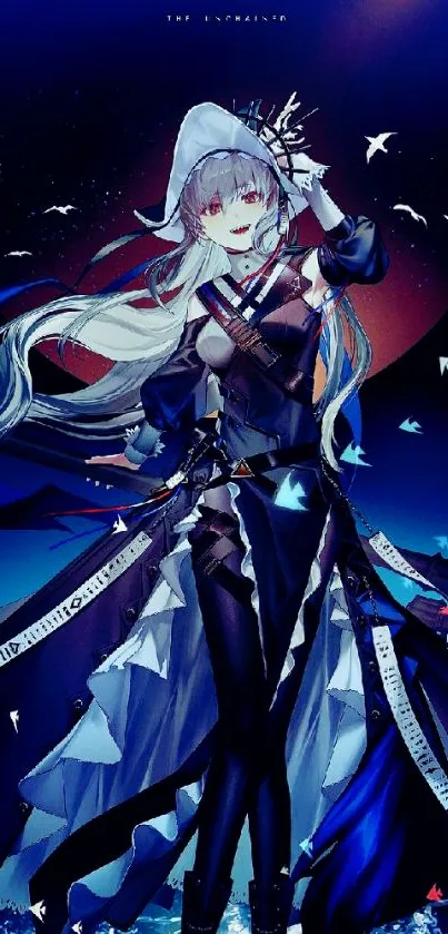 Mystical anime character against a navy night sky wallpaper.