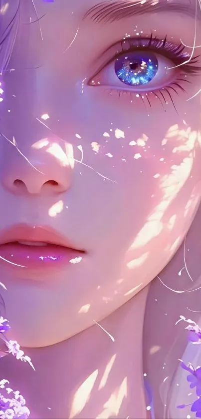 Anime portrait with purple flowers and blue eyes.