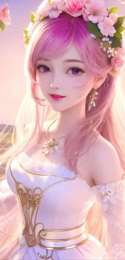 Anime princess with pink hair and floral decor.
