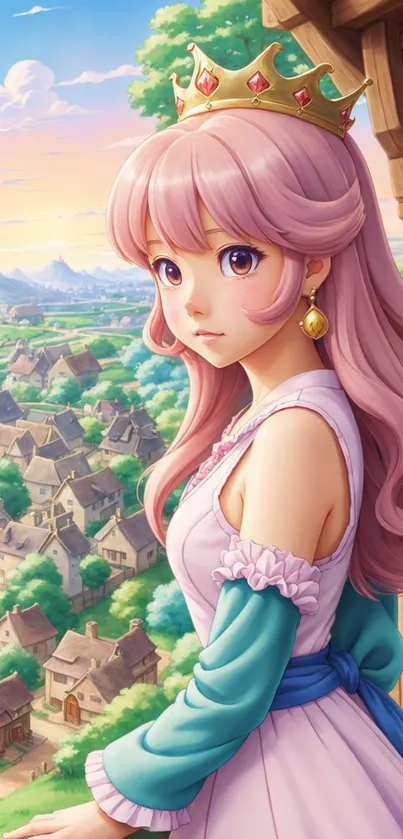 Anime princess with pink hair overlooking a village in a fantasy landscape.