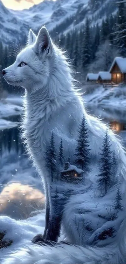 Portrait of an Arctic fox in a snowy landscape with mountains and cabins.