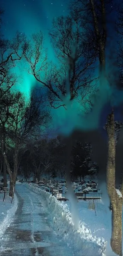 Snowy path under enchanting aurora borealis at night.