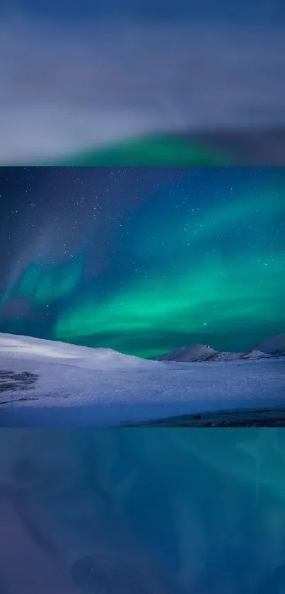Vivid teal auroras dance over a starry night sky with snow-covered foreground.