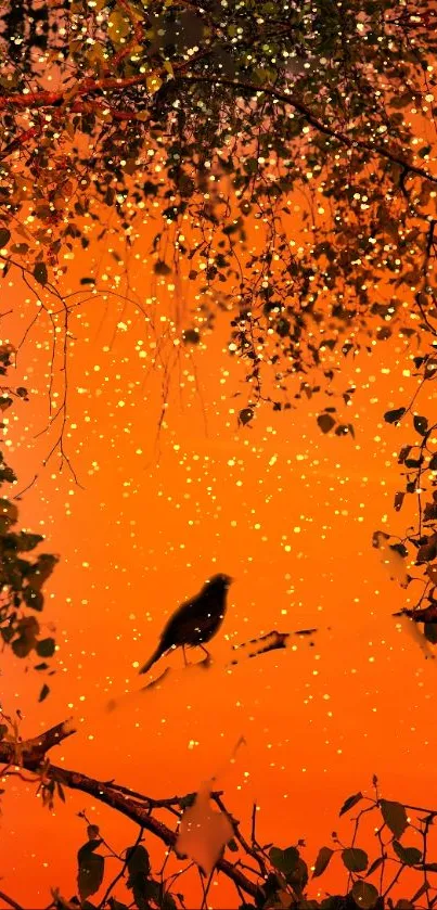 Bird silhouette with golden lights on orange background.