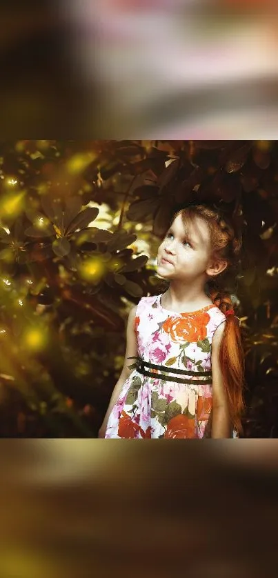 Young girl in floral dress with autumn leaves background.