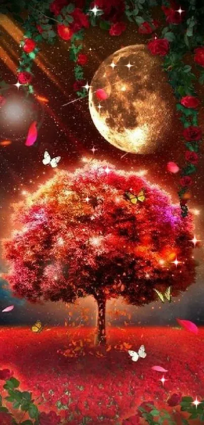 Fantasy artwork with red tree, butterflies, and a glowing moon.