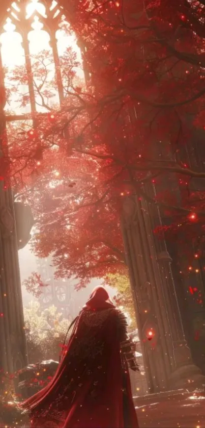 A cloaked figure in a red-hued forest with gothic architecture and glowing embers.