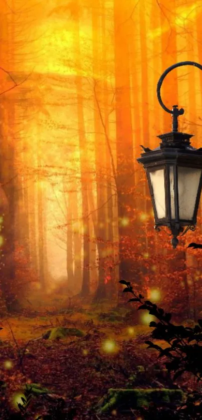 Autumn forest with glowing lantern and orange hues capturing seasonal magic.