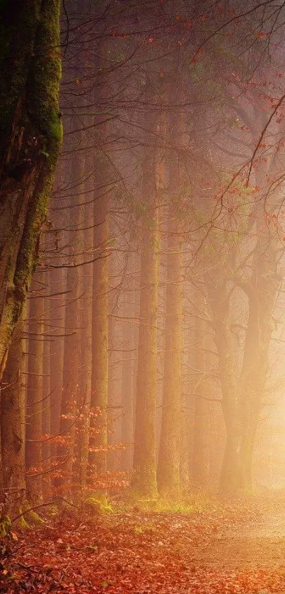 Misty autumn forest path with colorful leaves and tall trees.