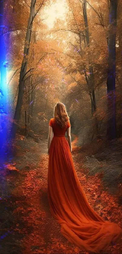 Woman in red dress walking through orange autumn forest.