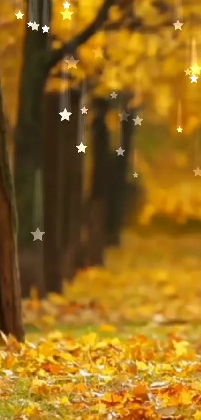 Autumn forest path with golden leaves and stars.