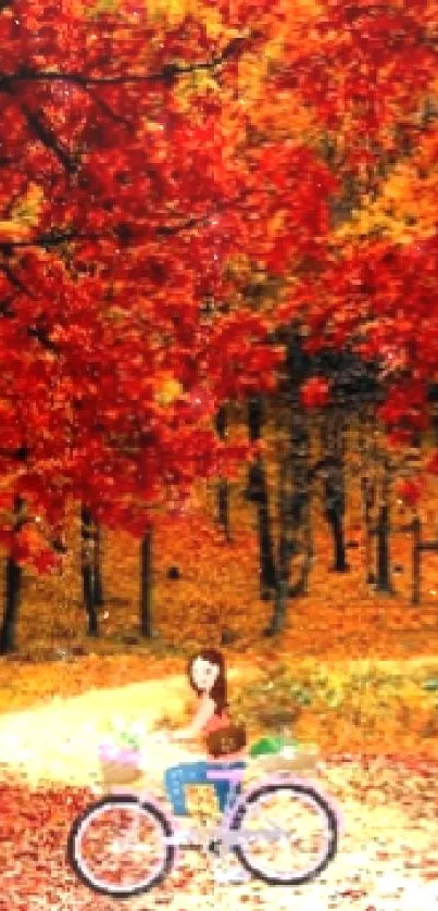 Autumn forest path with bicycle and vibrant red leaves.