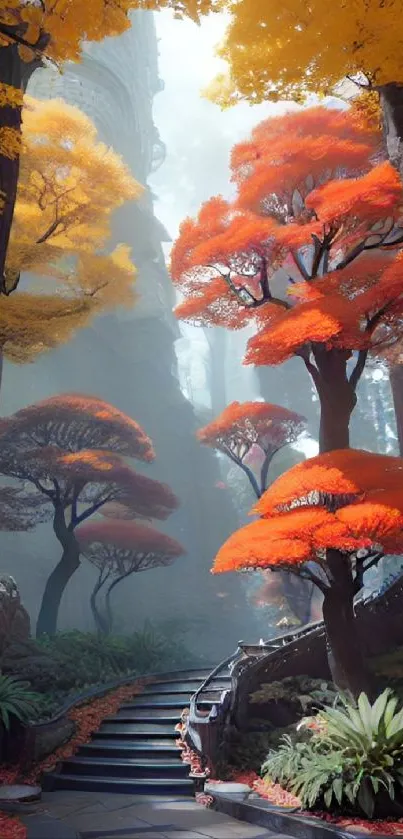 Vibrant autumn forest with orange trees and a stone path.