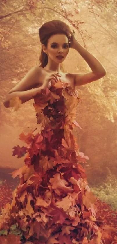 Woman in a dress made of autumn leaves in a forest scene mobile wallpaper.