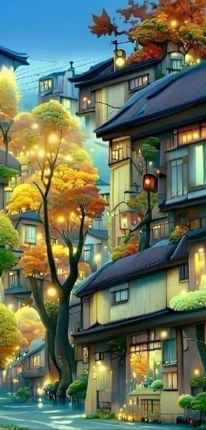 Enchanting autumn street with vibrant colors and warm lights.