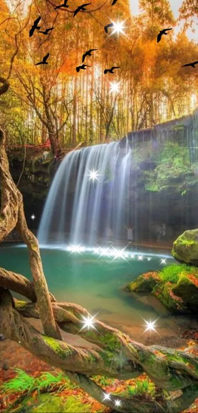 Autumn waterfall with sparkling highlights and lush foliage.