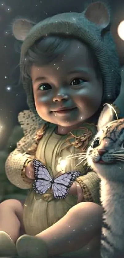 Cute baby in bear outfit with tiger cub amidst butterflies.