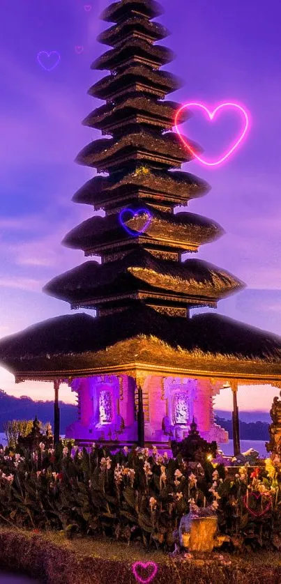 Bali temple against a purple sky with neon heart accents.