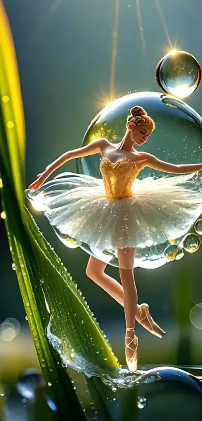 Ballerina dancing elegantly in a dewdrop on a leaf.