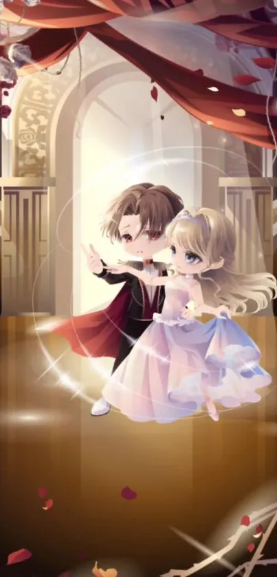 Animated couple dancing in a mystical ballroom setting.