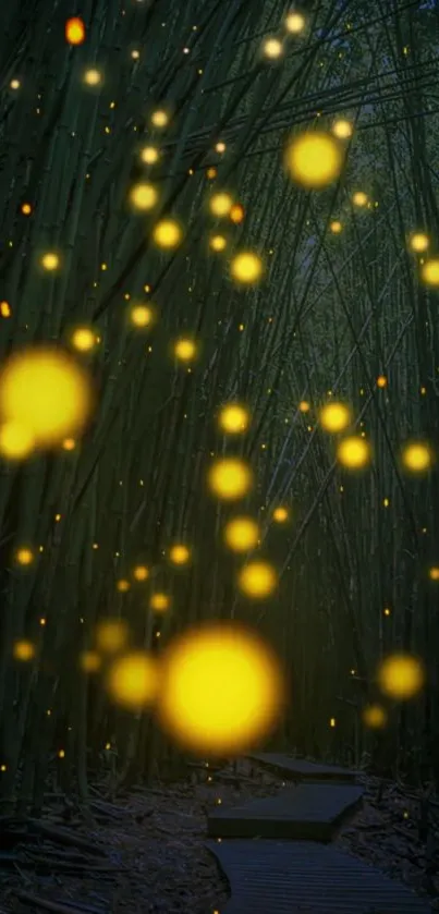 Bamboo forest lit by glowing fireflies at night.