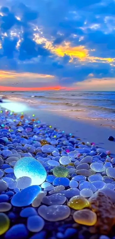 Serene beach with glowing pebbles at sunset.