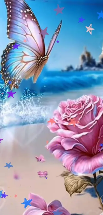 Butterfly and rose on a dreamy beach with ocean waves.