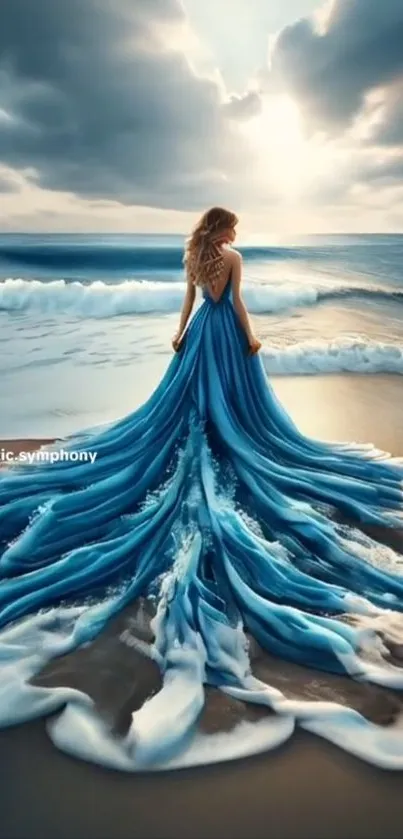 Woman in blue dress blending with ocean waves under a dramatic sky.