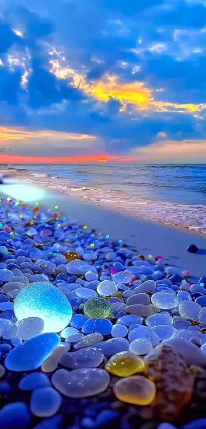 Colorful pebbles on a beach at sunset, with vibrant ocean waves.