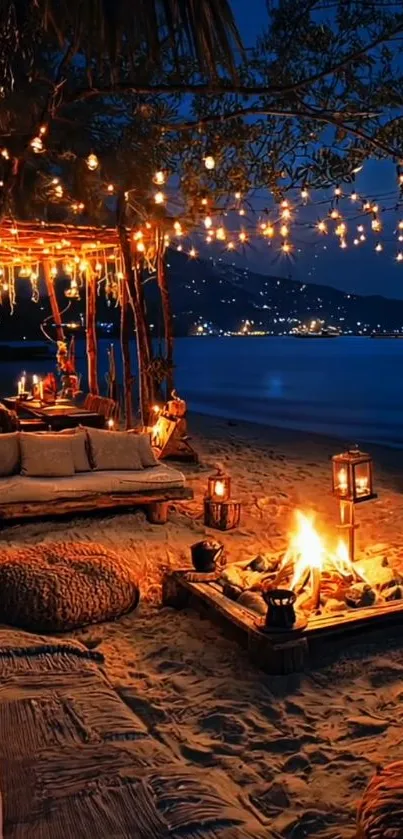 Cozy beach scene with bonfire and ambient lighting by the ocean at night.