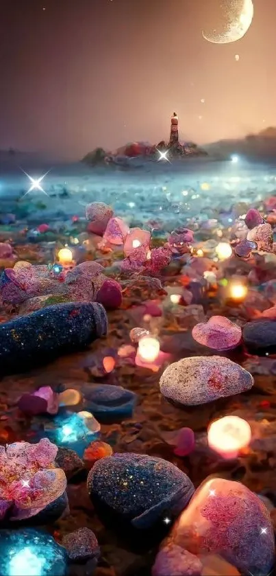 Enchanting beach nightscape with glowing stones and crescent moon.