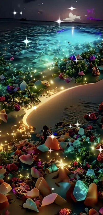 Enchanting beach nightscape with glowing ocean lights and flowers.