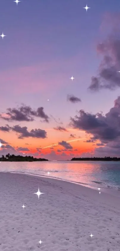 Tranquil beach at sunset with vibrant sky.