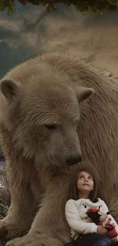 A serene scene with a child and a large bear in a grassy landscape.