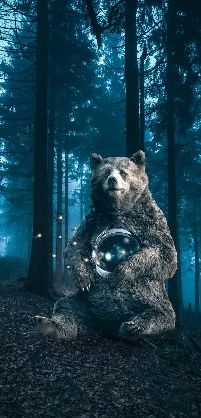 Bear holding glowing object in a mystical forest with teal blue hues.