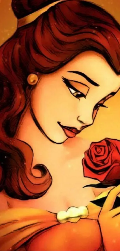 Illustrated woman holding a red rose with an orange background.