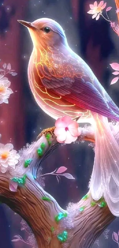 Luminous bird perched on a mystical tree with blossoms in an enchanting design.