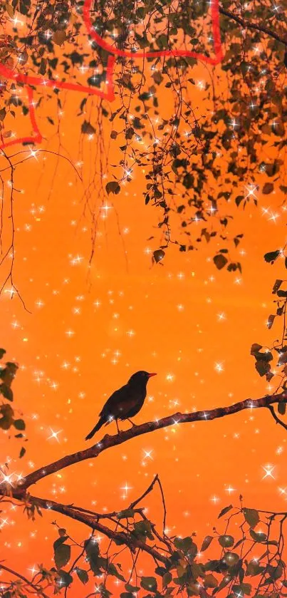 Silhouetted bird against sparkly orange background with branches and leaves.