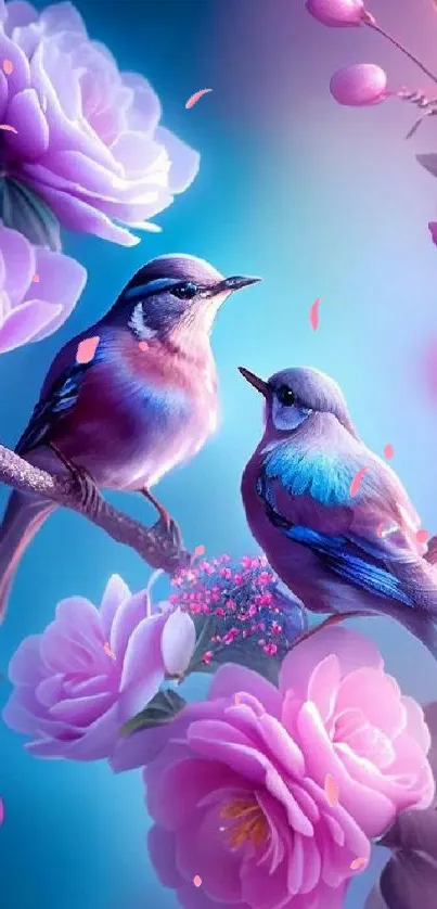 Two vibrant birds perched among pink flowers on a branch.