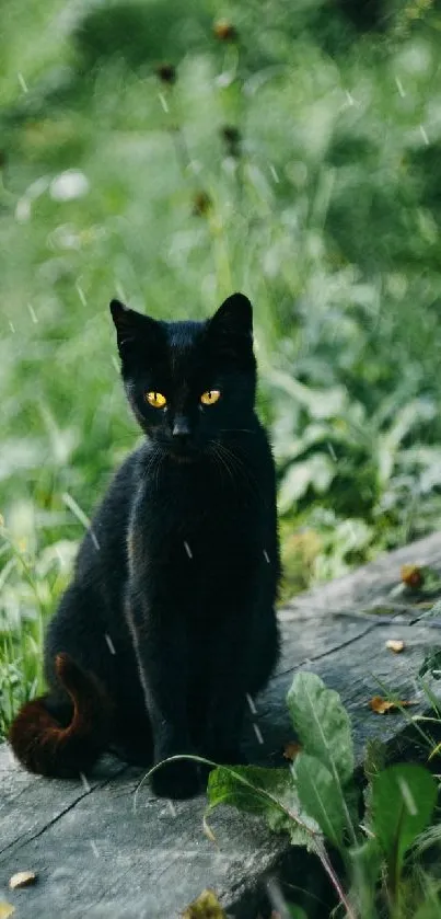 Black cat sitting on a wooden path surrounded by greenery.