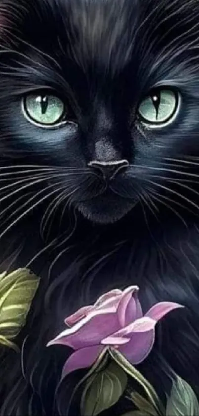 Black cat with green eyes surrounded by purple flowers in a magical setting.