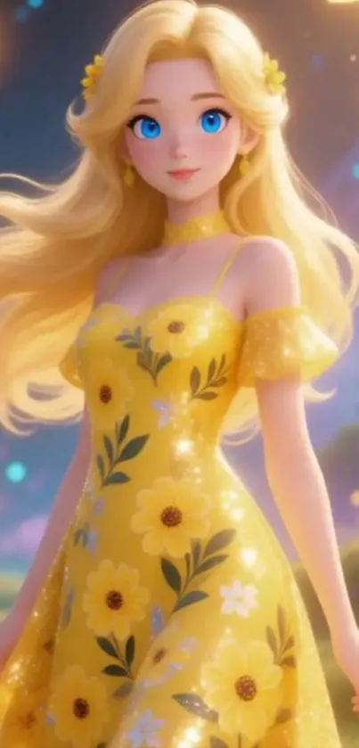 Blonde anime princess in a yellow floral dress, glowing and magical.