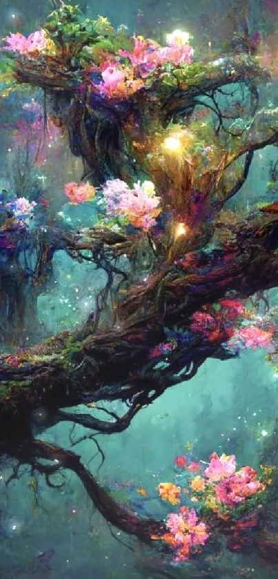 Fantasy art with glowing flowers on mystical tree branches.