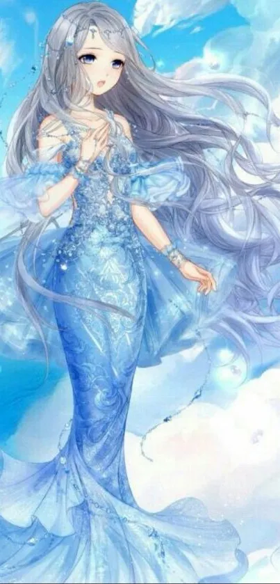 Anime character in blue dress with clouds background.