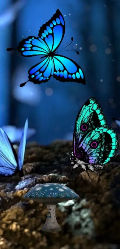 Blue butterflies in a magical, glowing forest scene.